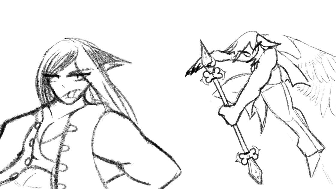Concept sketches that I made of Half, one of my partner's lovely OCs.